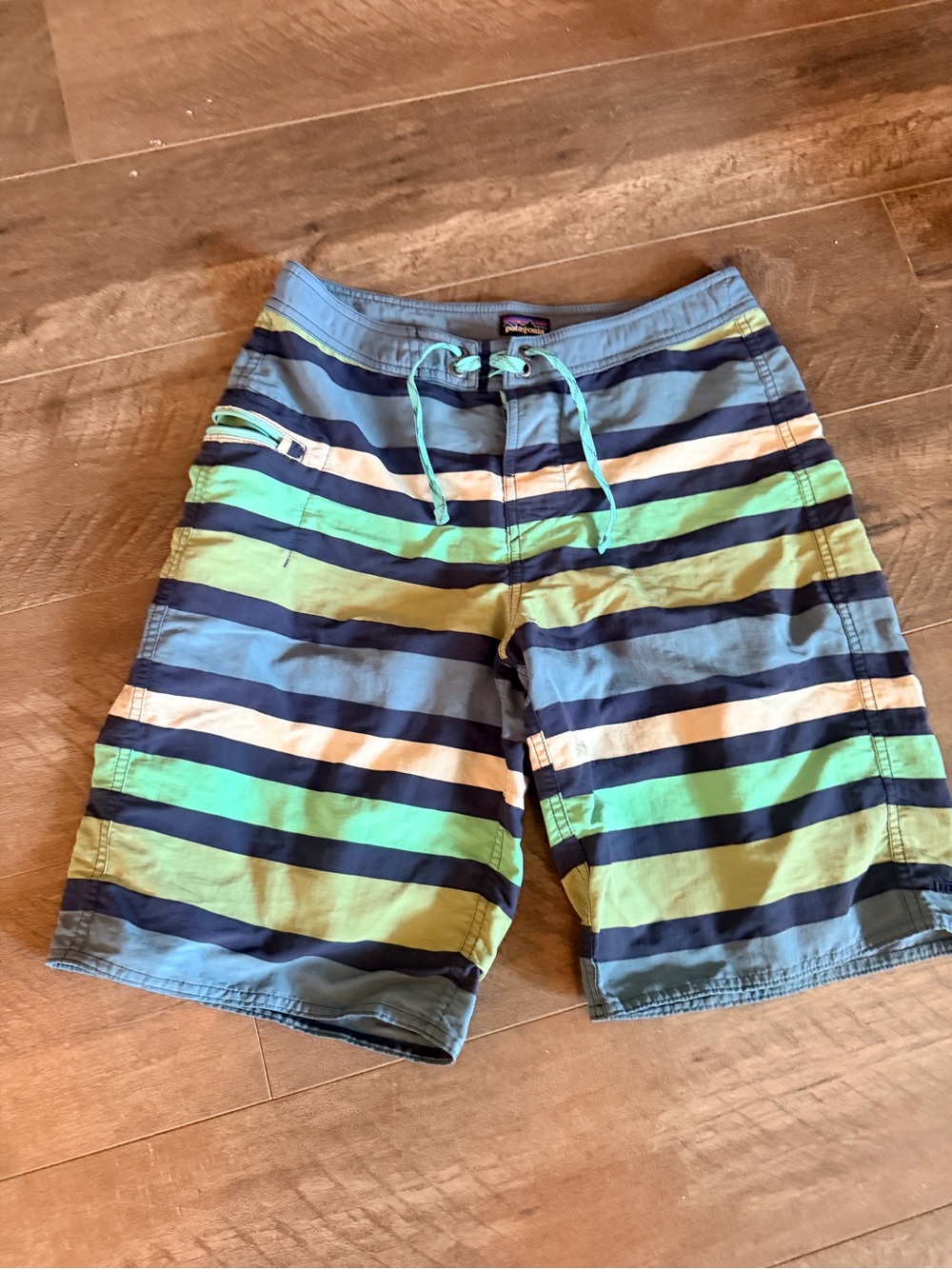 Patagonia Blue, Green & Navy Striped Board Shorts